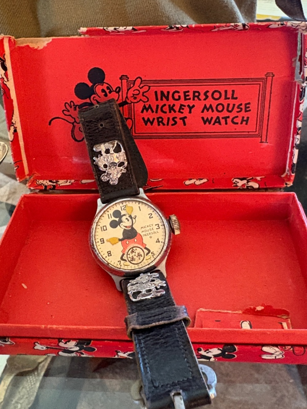 Ingersoll Mickey Mouse 1930’s Leather Strap Watch with Original Red Box